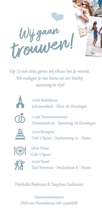 Trouwkaart langwerpig met een fotocollage met 12 foto's Achterkant