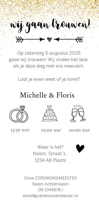 Trouwkaart - langwerpig met pijl en eigen foto Achterkant