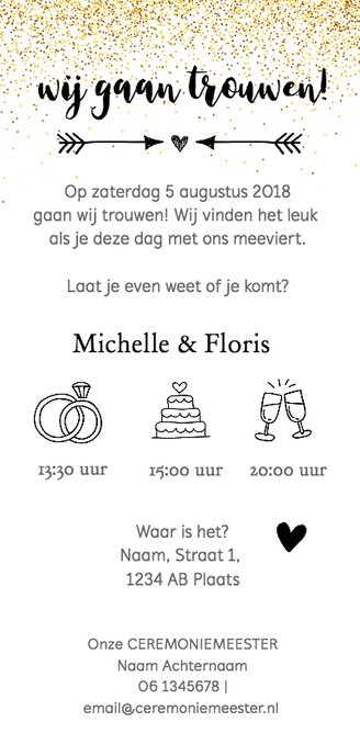 Trouwkaart - langwerpig met pijl en eigen foto Achterkant