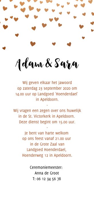 Trouwkaart met bronzen hartjes Achterkant