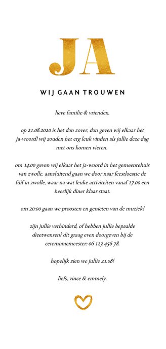 Trouwkaart met foto en gouden accenten langwerpig Achterkant