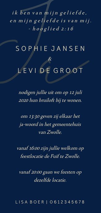 Trouwkaart met gouden 'JA' langwerpig Achterkant