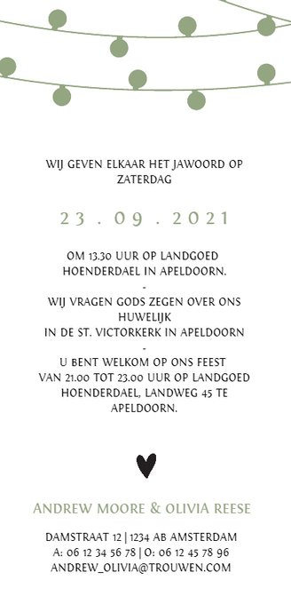 Trouwkaart met groene lampjesslinger Achterkant