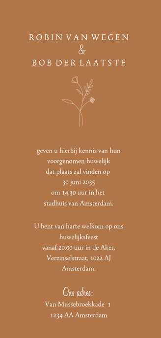 Trouwkaart met handgetekende takjes Achterkant
