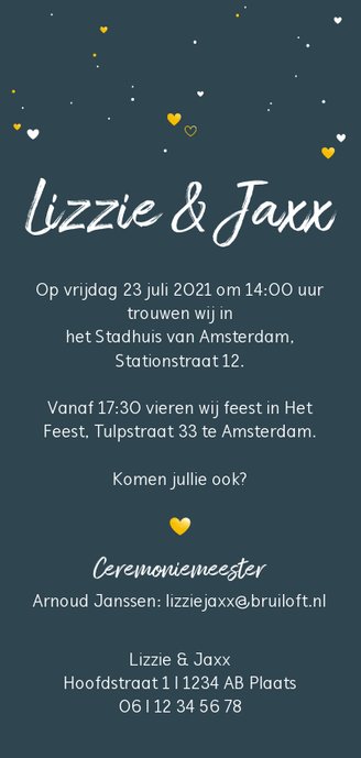 Trouwkaart met hartjes in goud en wit Achterkant