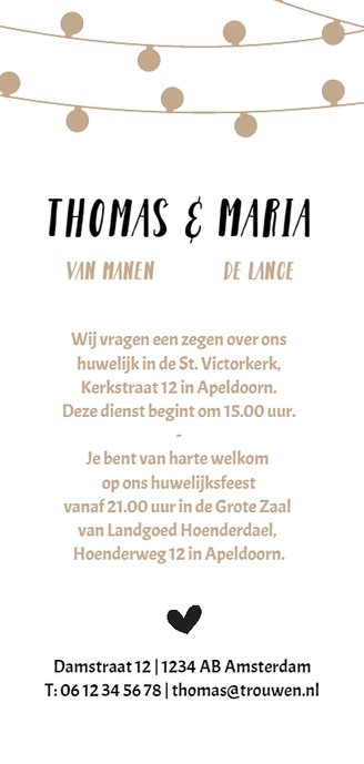 Trouwkaart met lampjesslinger Achterkant