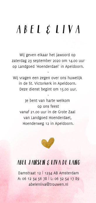 Trouwkaart met roze waterverf Achterkant