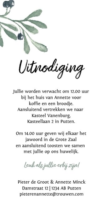 Trouwkaart met waterverf olijftakjes Achterkant