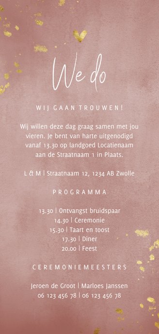 Trouwkaart oud roze waterverf gouden spetters Achterkant