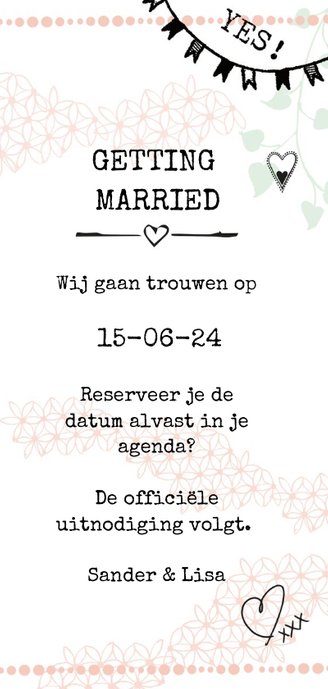 Trouwkaart Save the date met vlinders hartjes en fotokader 3