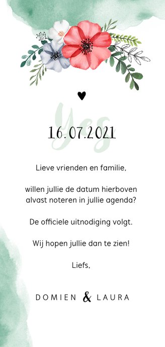Trouwkaart Save the date met waterverf en bloemen Achterkant