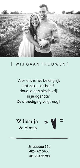 Trouwkaart save the date modern Achterkant