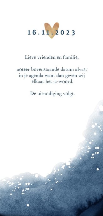 Trouwkaart save the date stijlvol met inkt en goudaccent Achterkant