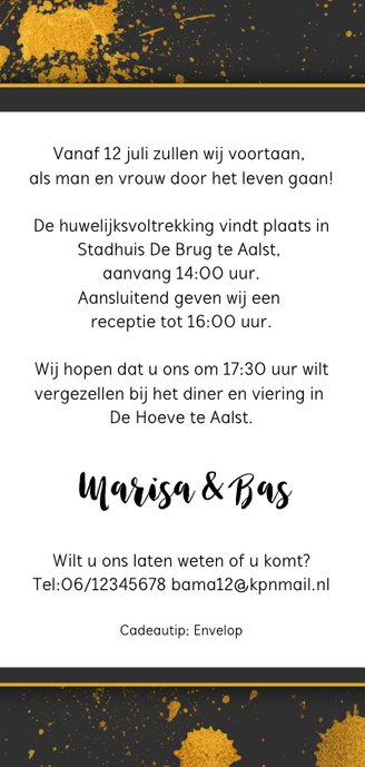 Trouwkaart spetterend goud Achterkant