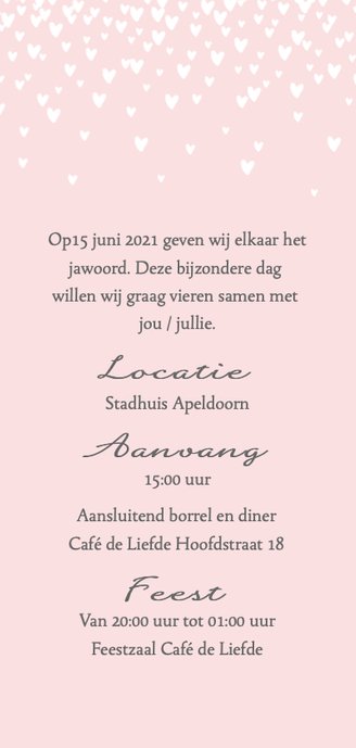 Trouwkaart stijlvol hartjes roze 3