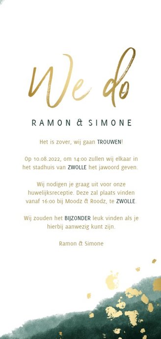 Trouwkaart tijdlijn waterverf gouden tekst 3