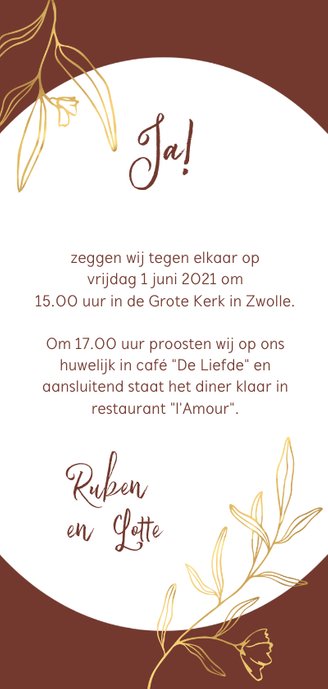 Trouwkaart touch of gold, aanpasbare kleur Achterkant