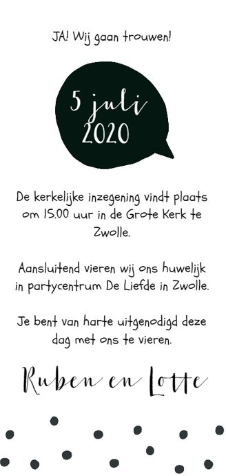 Trouwkaart zwartwit tekstballon - WW Achterkant