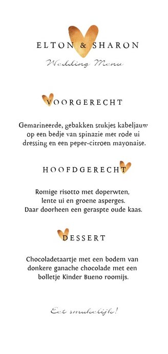 Trouwmenu waterverf en goud met hartjes Achterkant