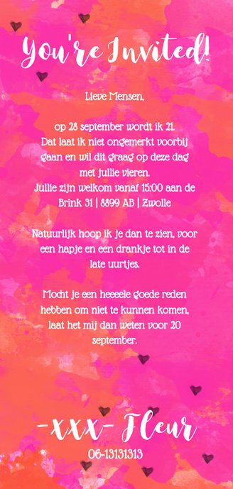 Uitnodiging 21 dinner aquarel Achterkant
