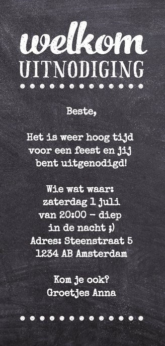 Uitnodiging algemeen langwerpig krijtbord Achterkant