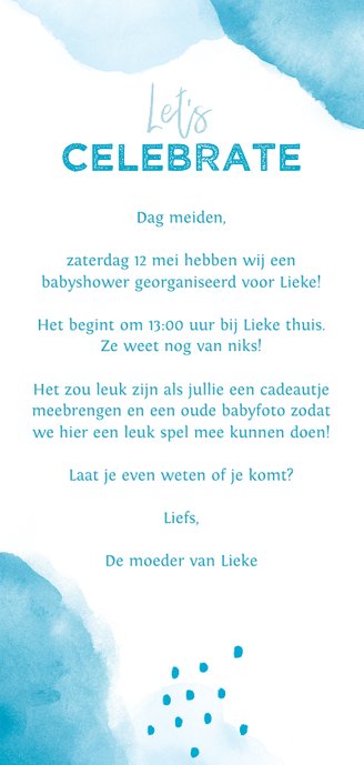 Uitnodiging babyshower jongen met waterverf en eigen foto Achterkant
