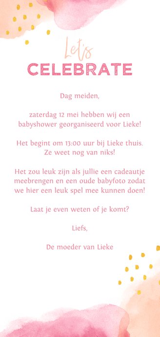 Uitnodiging babyshower meisje met waterverf en eigen foto Achterkant