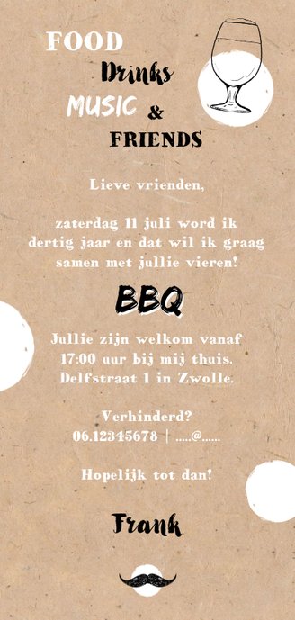 Uitnodiging BBQ Tuinfeest kraft look met illustratie Achterkant