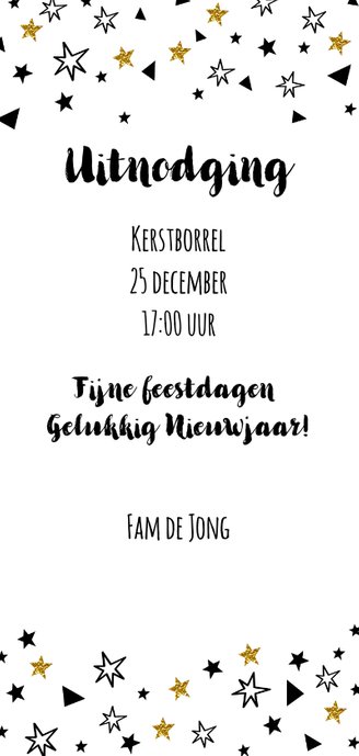 Uitnodiging Borrel confetti zwart wit goud Achterkant
