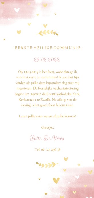 Uitnodiging communie duif met hartjes en waterverf Achterkant