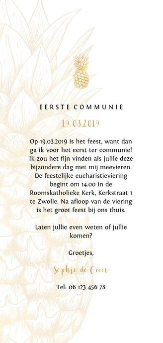 Uitnodiging communie gouden ananas langwerpig Achterkant