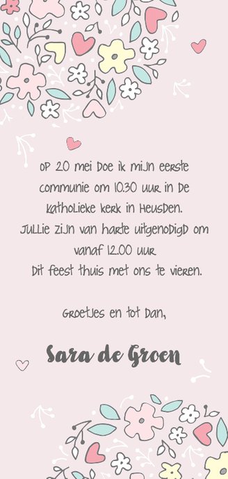 Uitnodiging communie illustratie bloemen Achterkant