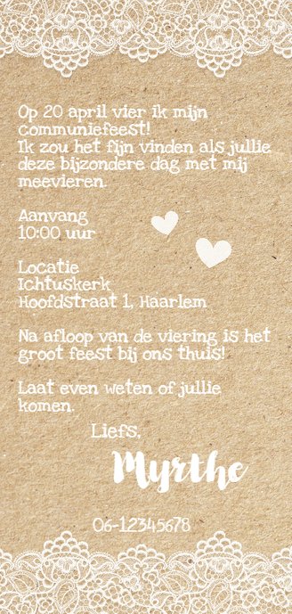 Uitnodiging Communie Kant & Karton Achterkant