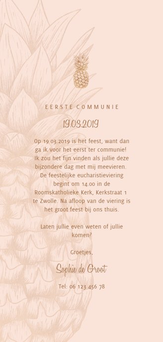 Uitnodiging communie koperen ananas langwerpig Achterkant