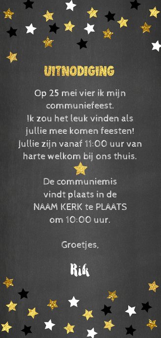 Uitnodiging communie krijtbord en sterren confetti Achterkant