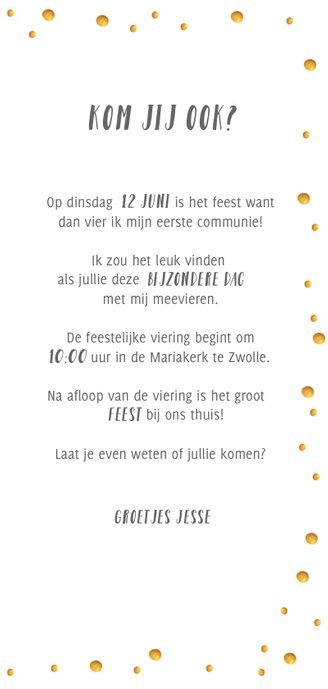 Uitnodiging communie met waterverf en feestelijke confetti 3