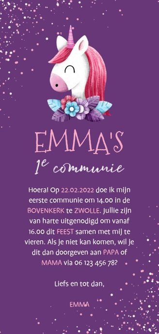Uitnodiging communie unicorn met confetti en foto Achterkant