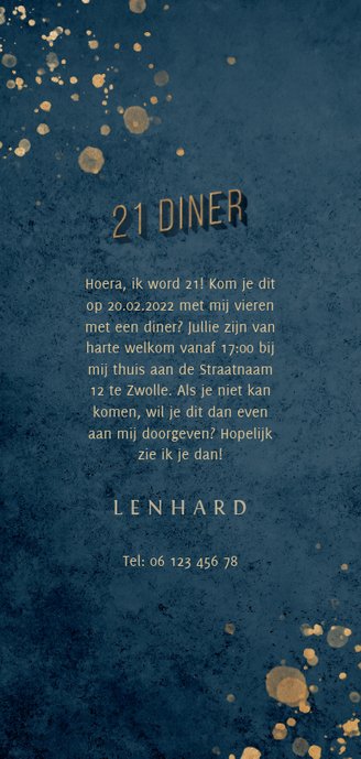 Uitnodiging donkerblauw 21 diner met gouden accenten Achterkant