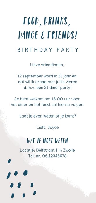Uitnodiging etentje 21 diner abstract met eigen foto Achterkant