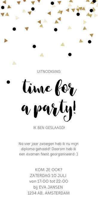 Uitnodiging examen feest geslaagd confetti Achterkant