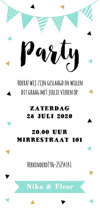 Uitnodiging examenfeest foto slinger confetti Achterkant