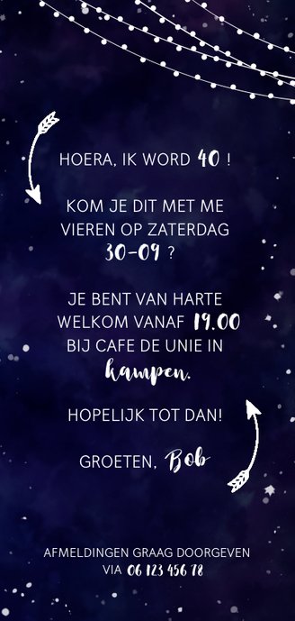 Uitnodiging Galaxy met foto, pijlen en lampjes Achterkant