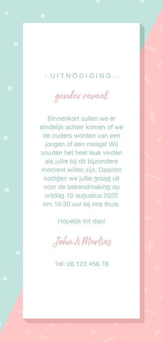 Uitnodiging gender reveal hij of zij met confetti Achterkant