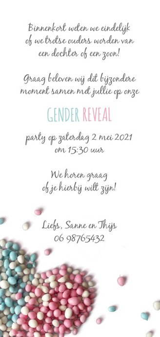Uitnodiging gender reveal party muizenhart Achterkant