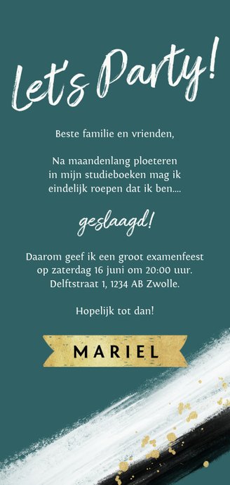 Uitnodiging geslaagd stijlvol goud spetters met foto Achterkant