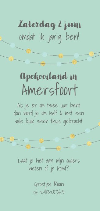Uitnodigingskaart leuk en feestelijk met confetti mocards Achterkant