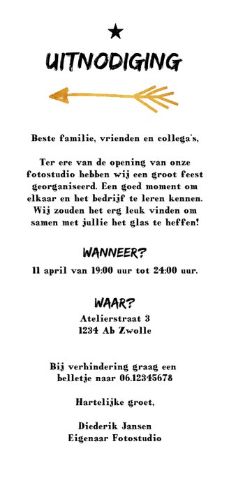 Uitnodiging hip en feestelijk voor een opening Achterkant