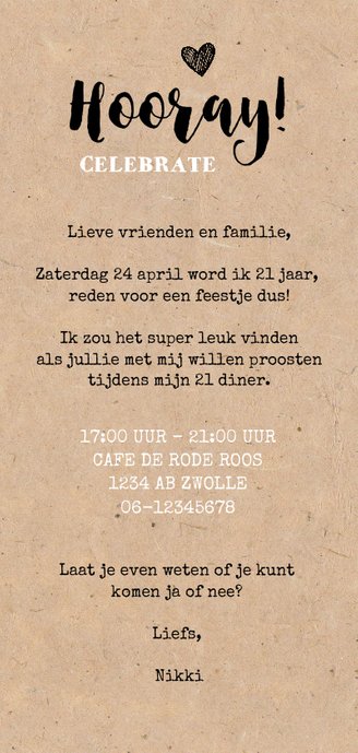 Uitnodiging hip etentje vrouw illustraties op kraft papier Achterkant