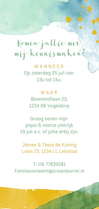 Uitnodiging jongen waterverf groen, geel en blauw Achterkant