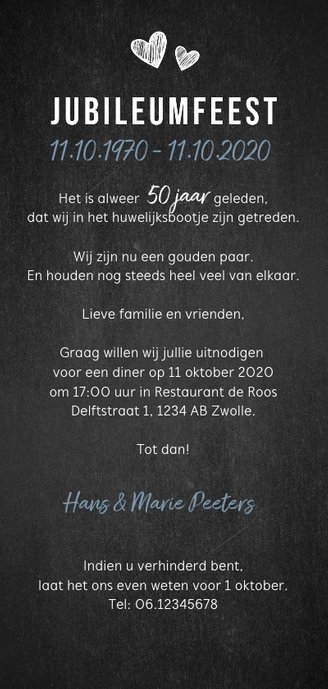 Uitnodiging jubileum krijtbord 50 met romantisch sommetje Achterkant